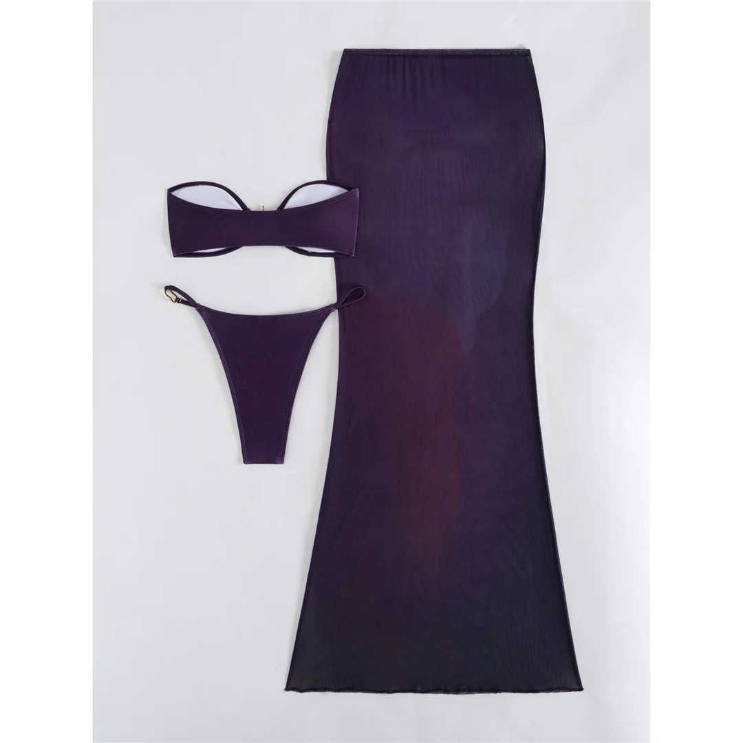 Neu mit Rock, Bandeau-Oberteil, hohem Beinausschnitt, Damen-Badeanzug, Bikini, dreiteiliges Bikini-Set, Badebekleidung, Badeanzug, Schwimmanzug V7184 – Detail 4