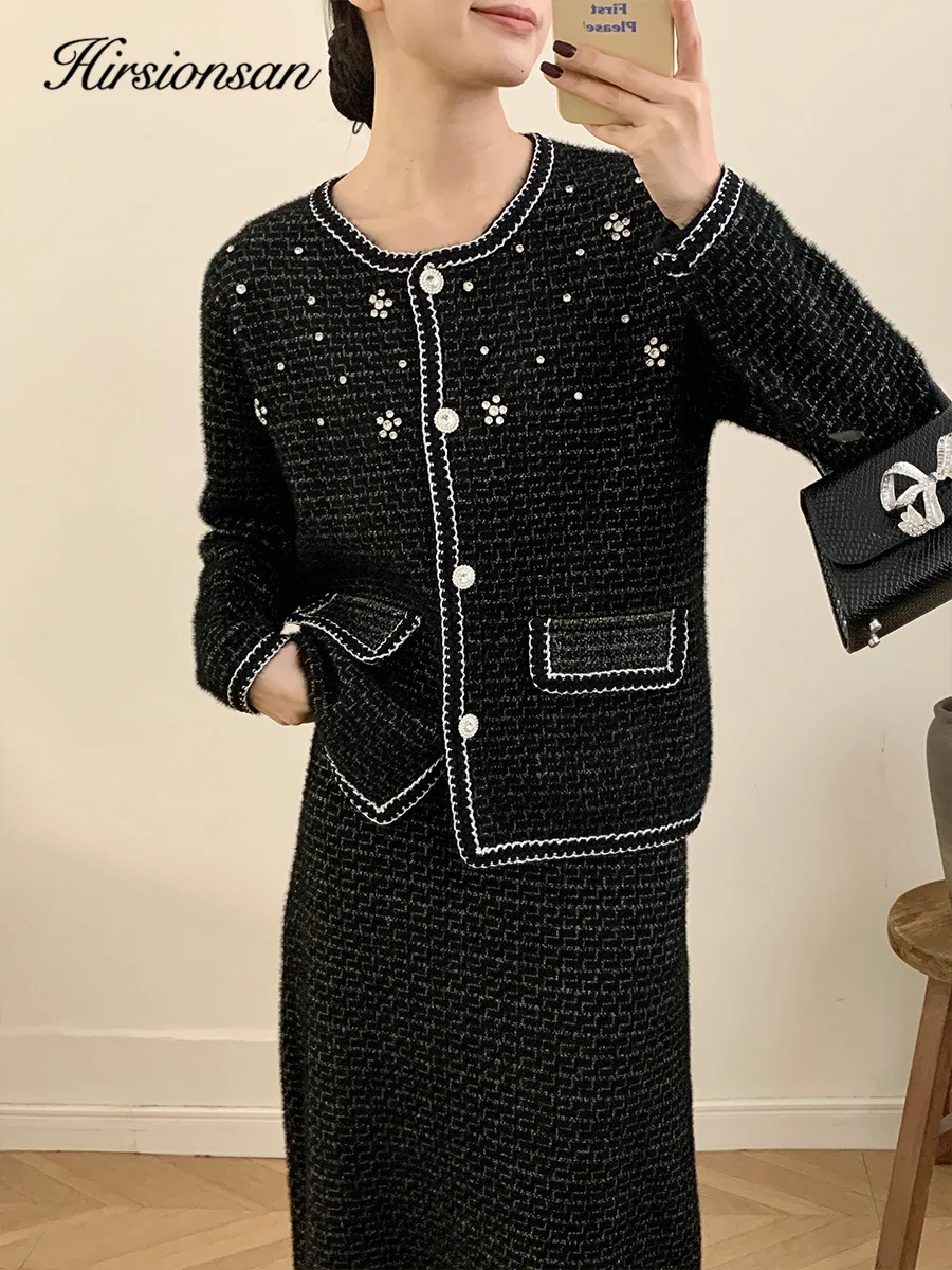 Hirsionsan Cross Border Small Fragrance Style Set for Winter, Elegant Metal Flower Decoration Jacket, Long Skirt Two-piece Set