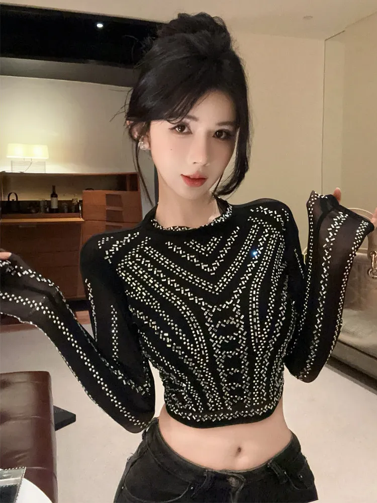 Sexy round Neck Long Sleeve T-Shirt Glittering Drill Single Wear Slim Fit High Waist Daily Wear for Young Women Skin-friendly...