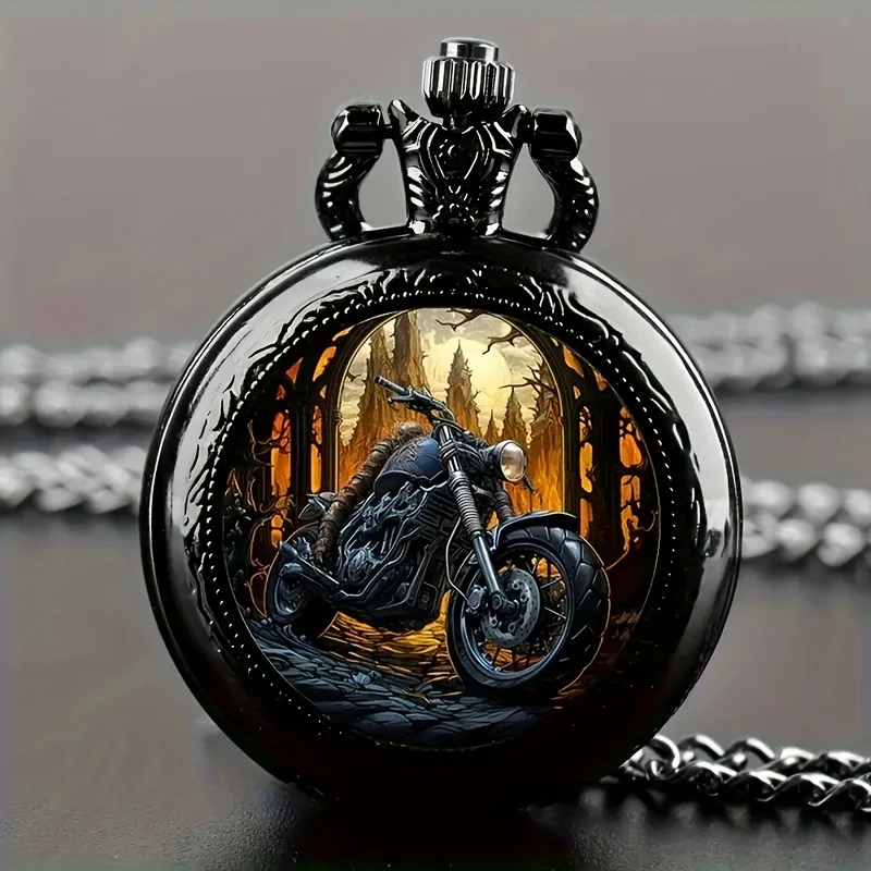 Vintage Black Motorcycle Quartz Pocket Watch, Necklace Pendant With World Time Feature,  Ideal Gift For Men & Women and Kids