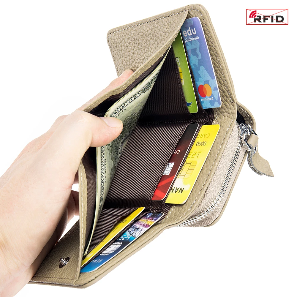 apanese Style Short Genuine Leather Women's Three-fold Mini RFID Wallet Large Capacity New Multi-function Coin Bag Storage Bag