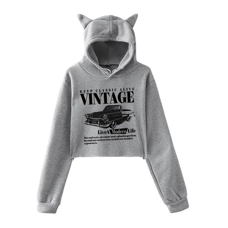 Femmes Vintage voiture rétro garder classique vivant imprimé oreilles de chat recadrée sweats à capuche Style tendance gothique à manches longues hauts courts vêtements des années 90