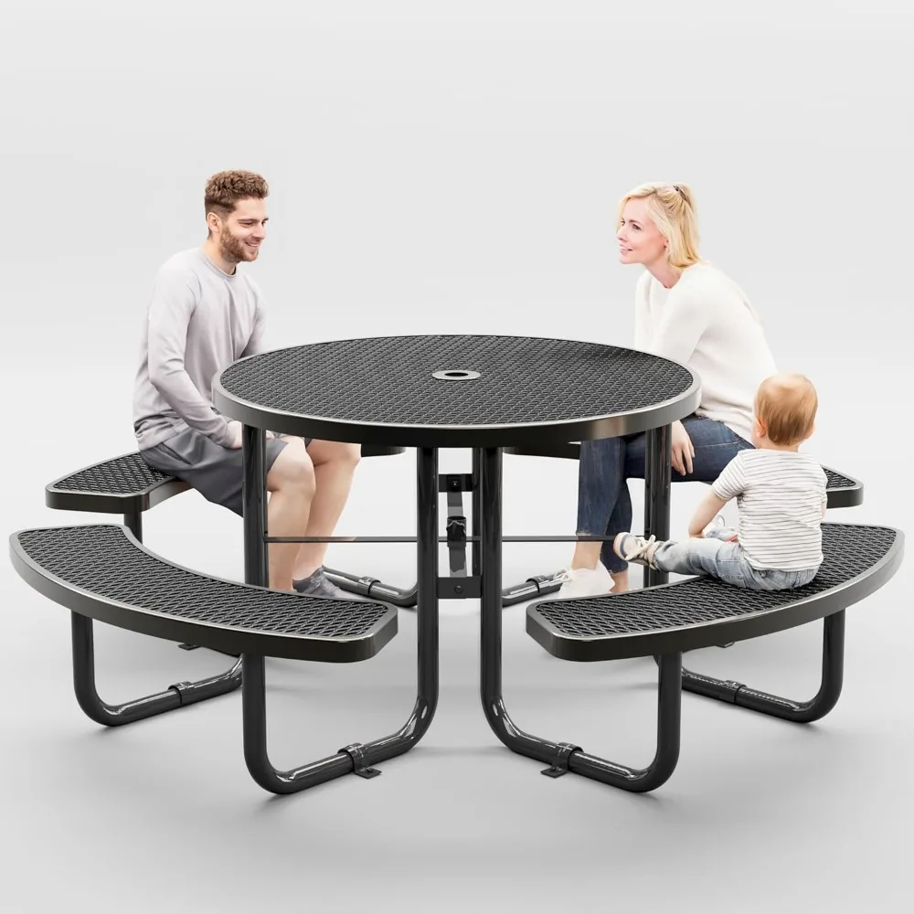 Metal Picnic Tables for Outdoors with Umbrella Hole - Coated Steel Heavy Duty Commercial Grade Table with Adjustable Seats