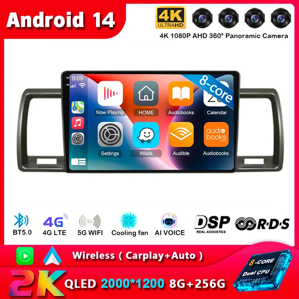 Android 14 Carplay Auto For Toyota Hiace 2004-2019 Car Radio Multimedia Video Player Head Unit GPS Navigation Stereo 2din 2 DIN