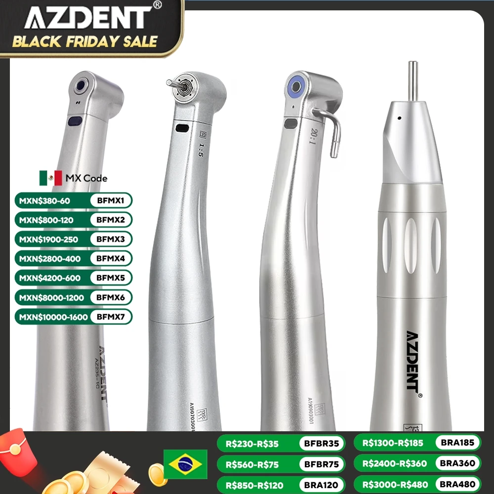 AZDENT Dental 1:5/1:1/20:1 LED Fiber Optic Low Speed Handpiece Internal Spray Contra Angle Push Button Handpiece Dentistry Tool