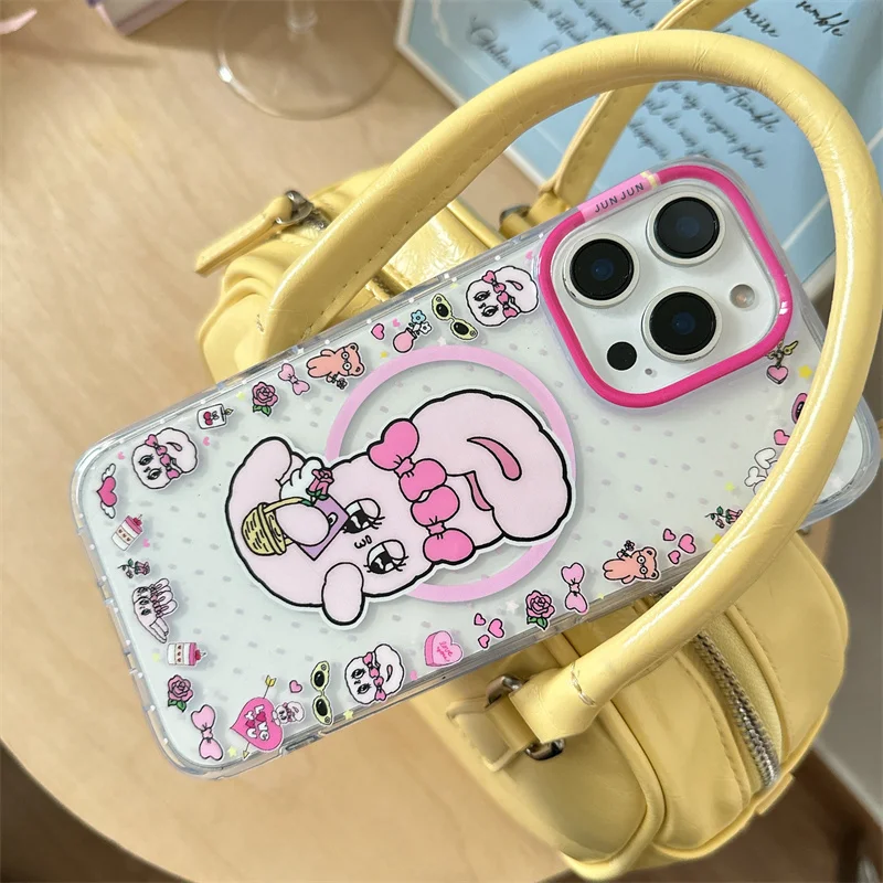 Korean Cute Pink Rabbit Magnetic Phone Case For iPhone 16 Pro 15 13 14 Pro Max Cover with Magsafe Stand Holder Grip Kawaii Cases