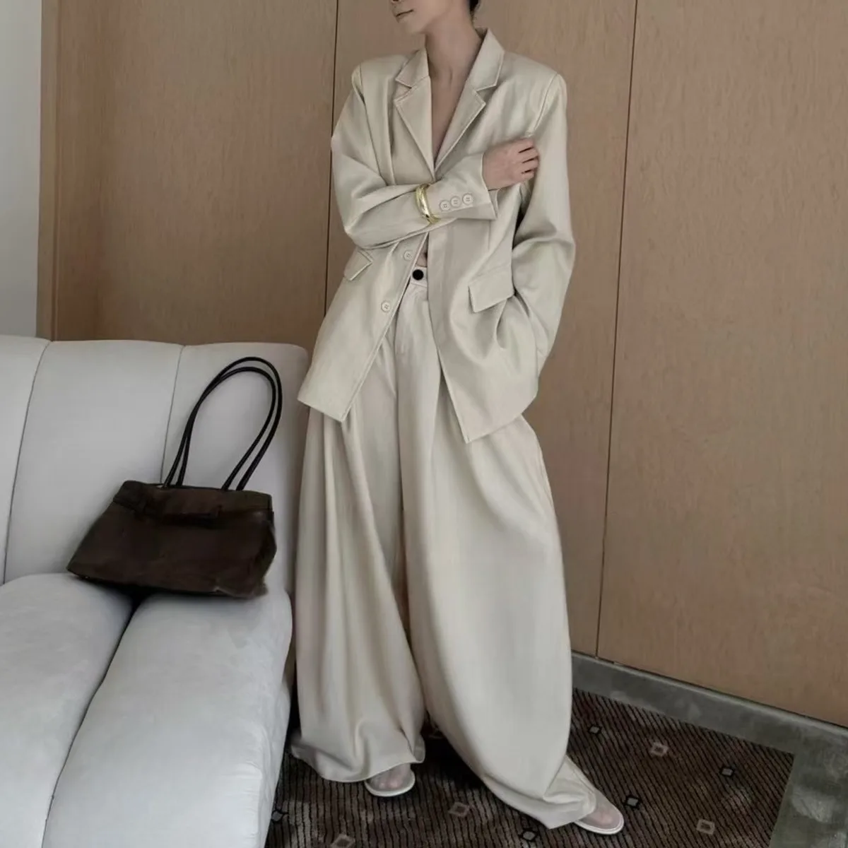 BJTZ Set giacca blazer vestibilità ampia solida per donna 2025 Blazer stile minimalista casual Top + pantaloni dritti a gamba larga Set due pezzi