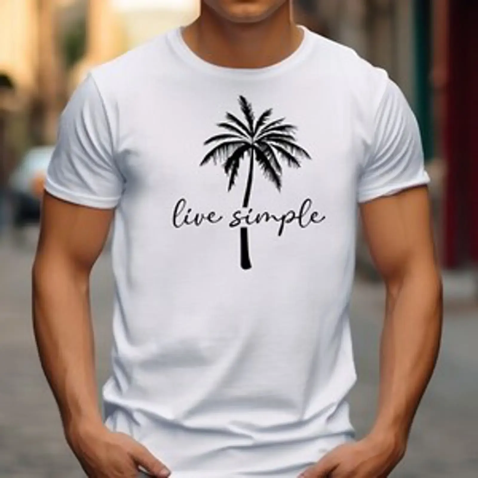 Palme bedrucktes klassisches Rundhalsausschnitt T Shirt für Herren Sommer Strand Urlaub Tops vintage Washed Stylish Versatile
