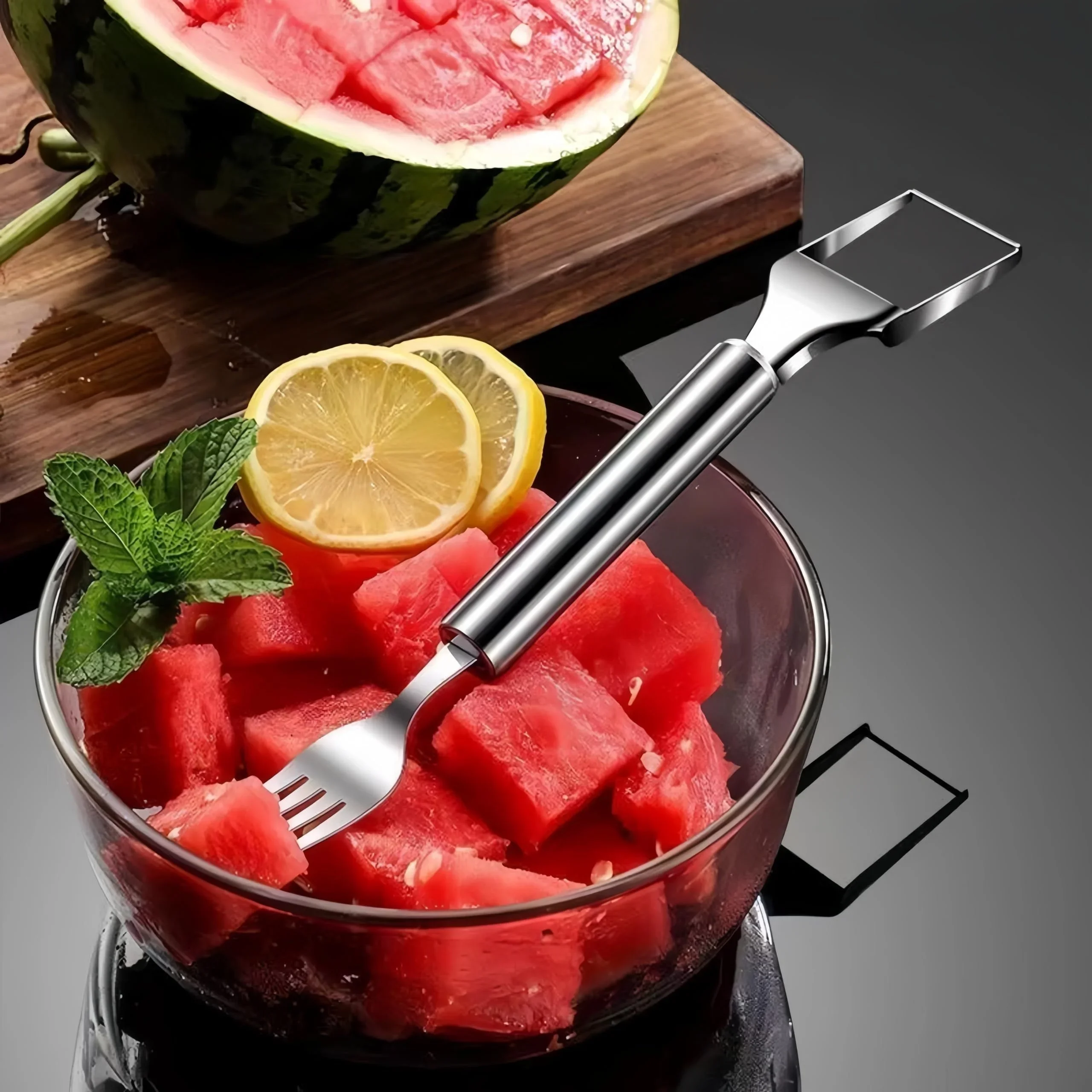 1pc 2-in-1 Creative Watermelon Slicer, Stainless Steel Watermelon Fork, Watermelon Knife, Fruit Divider