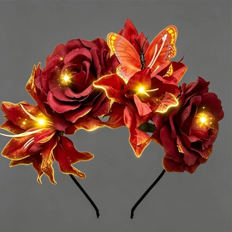 Light Up Butterfly Flower Headband for Women Artificial Rose Lily Half Crown with Glowing Handmade Lightweight for Halloween