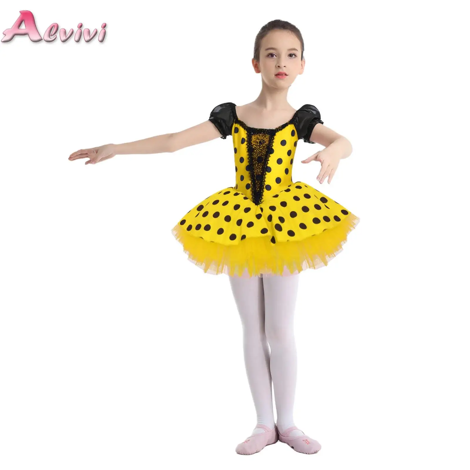 Ballet Dance Dress for Kids Girls Puff Sleeve Shiny Sequins Color Block Dots Tutu Dresses Stage Performance Dancewear Costume