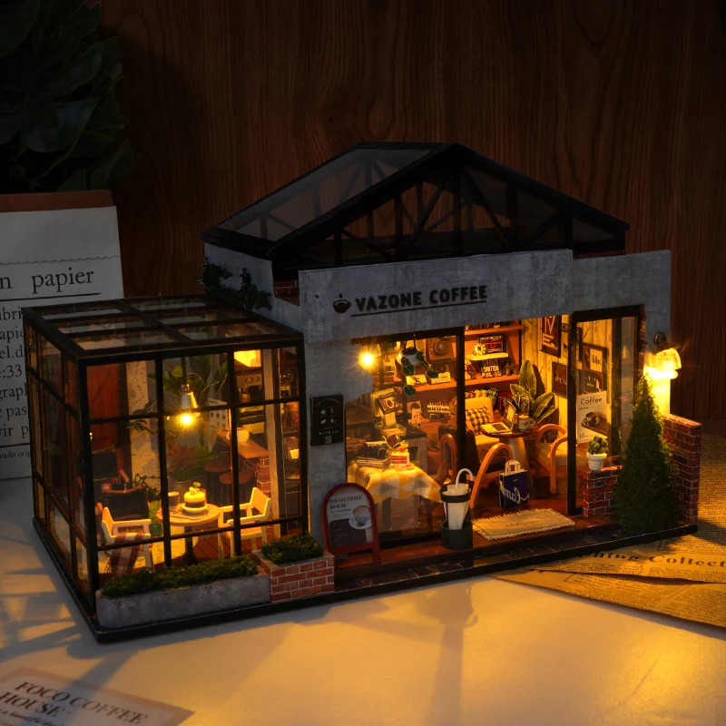 DIY Miniature House Kit Soul Rest Coffee Shop, Full‑View Skylight Wooden Hand‑Assembly Diorama Model, Creative Handmade Gift