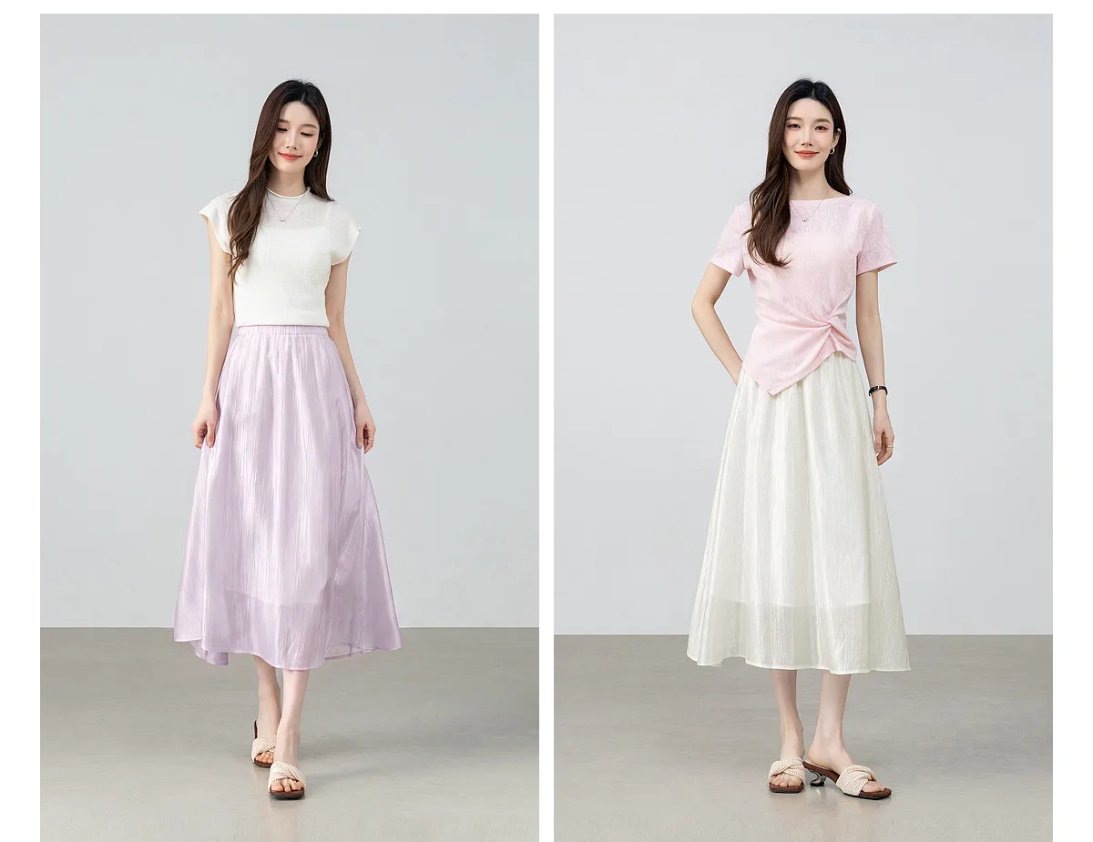 SENTUBILA Eleganter Satin-Plissee-Midirock für Damen, Sommer 2026, elastische Taille, glänzende Textur, fließender Rock für den Alltag 162QG6653 – Detail 9