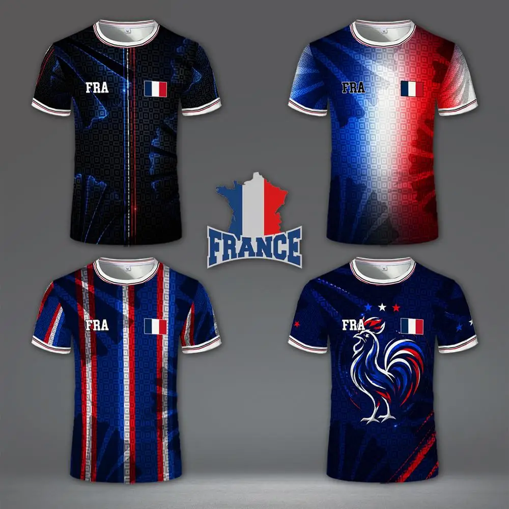 Camisa de Futebol com Estampa da Bandeira da França, Verão, Unissex, Casual, Manga Curta, Tops para Treinamento Esportivo, Respirável e de Secagem Rápida