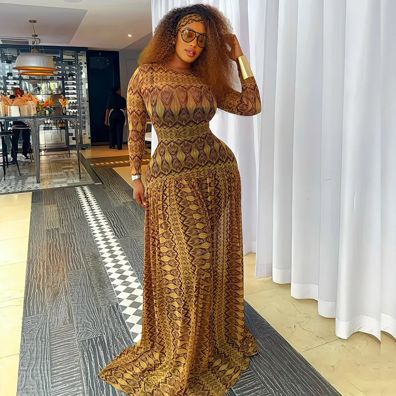 DSMTRC Bohemian Style Women Autumn Holiday Maxi Dress Geometric Printed Ligh Brown Long Sleeve Dresses See-through Sheer Vestido