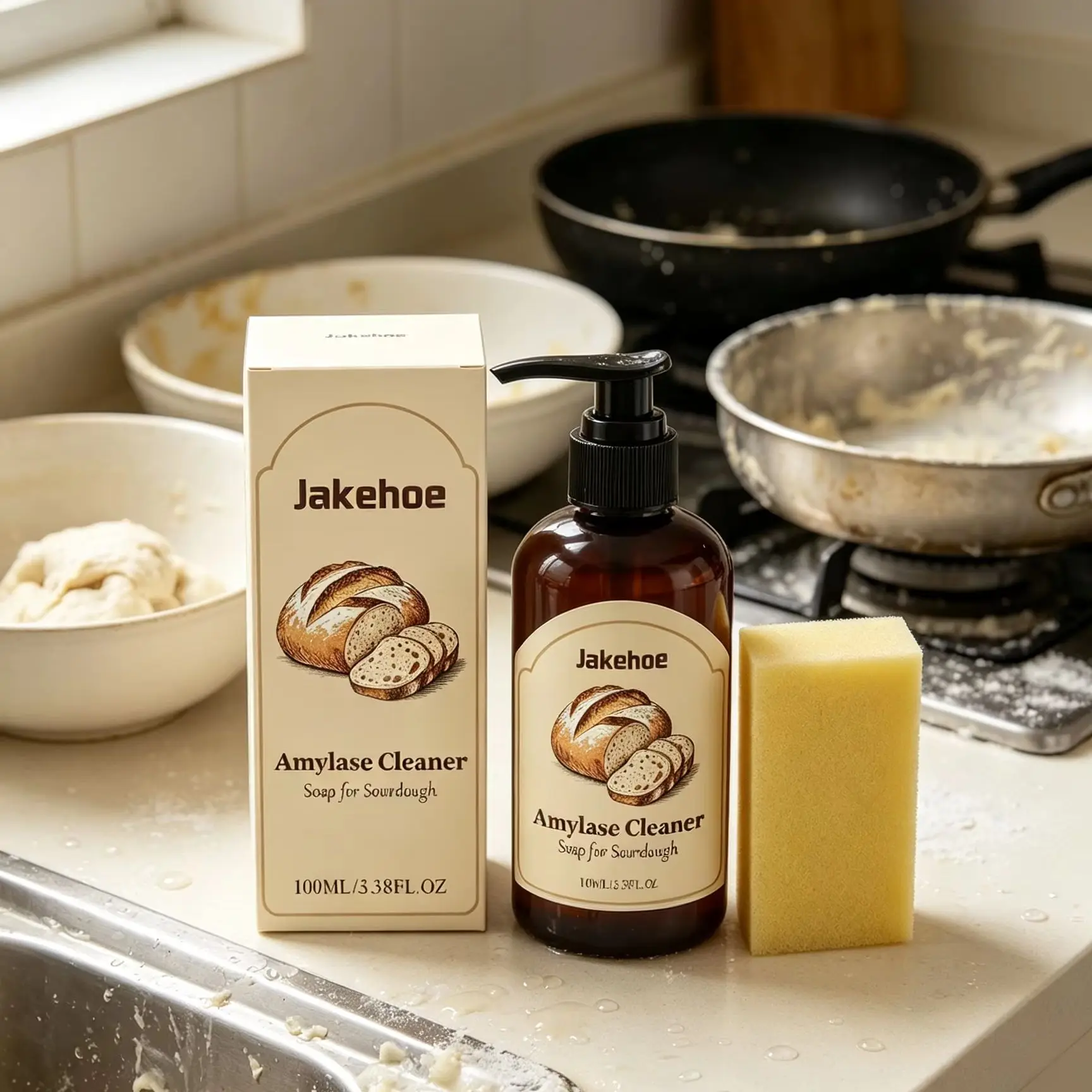Jakehoe Amylase Cleaner Soap Sourdough Fast-Acting Kitchen Useful Things for Baking Mess Dough Cleaner Soap with Sponge 100ml