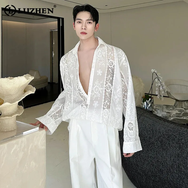 

LUZHEN Hollow Out Embroidery Gauze Lace Loose Elegant Long Sleeve Shirt Men's 2025 New Original High Quality Male Clothes JY3376