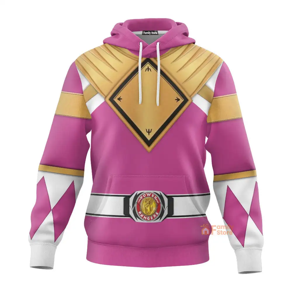 Men's 2-piece Sports Suit, Superhero Role-playing 3D Printed Hoodie and Sweatpants, Pink Powerful Ranger Costume view 2