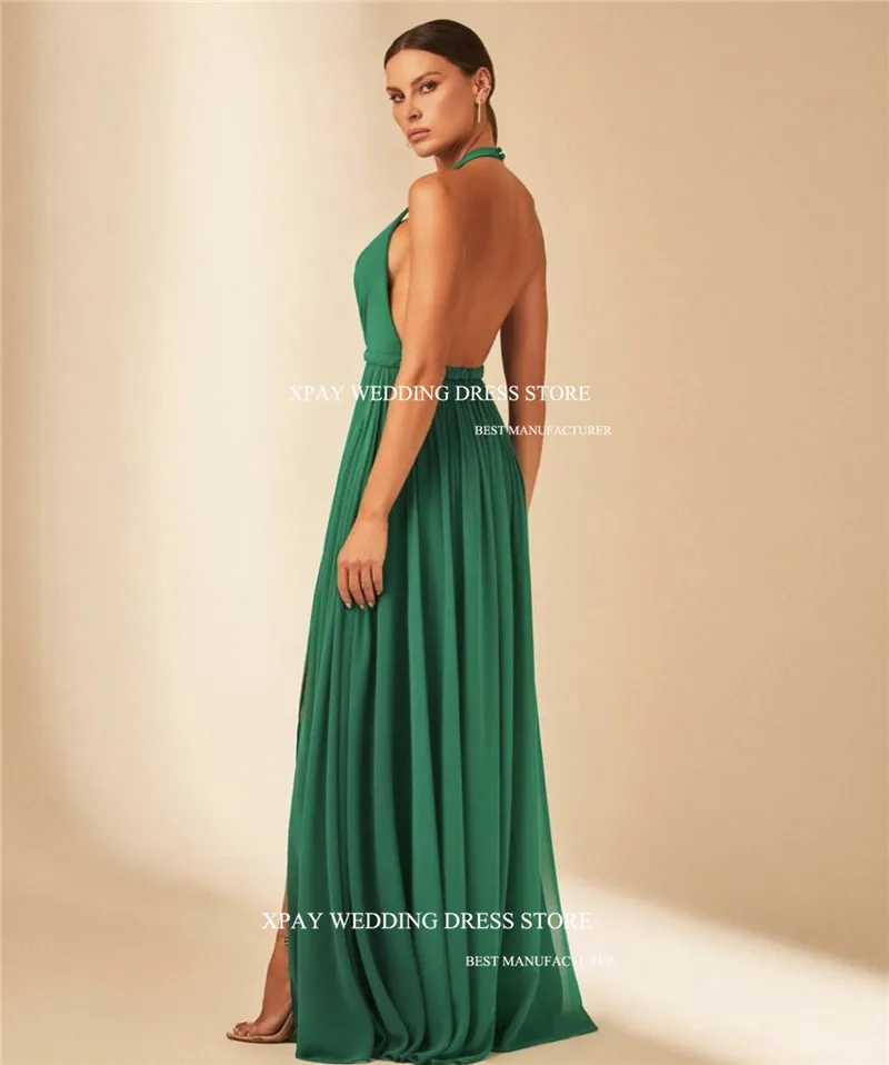 XPAY Simple Chiffon Party Dresses Sleeveless Halter-Neck Floor-Length Split Dubai Arabia Women Evening Dresses Formal Prom gowns