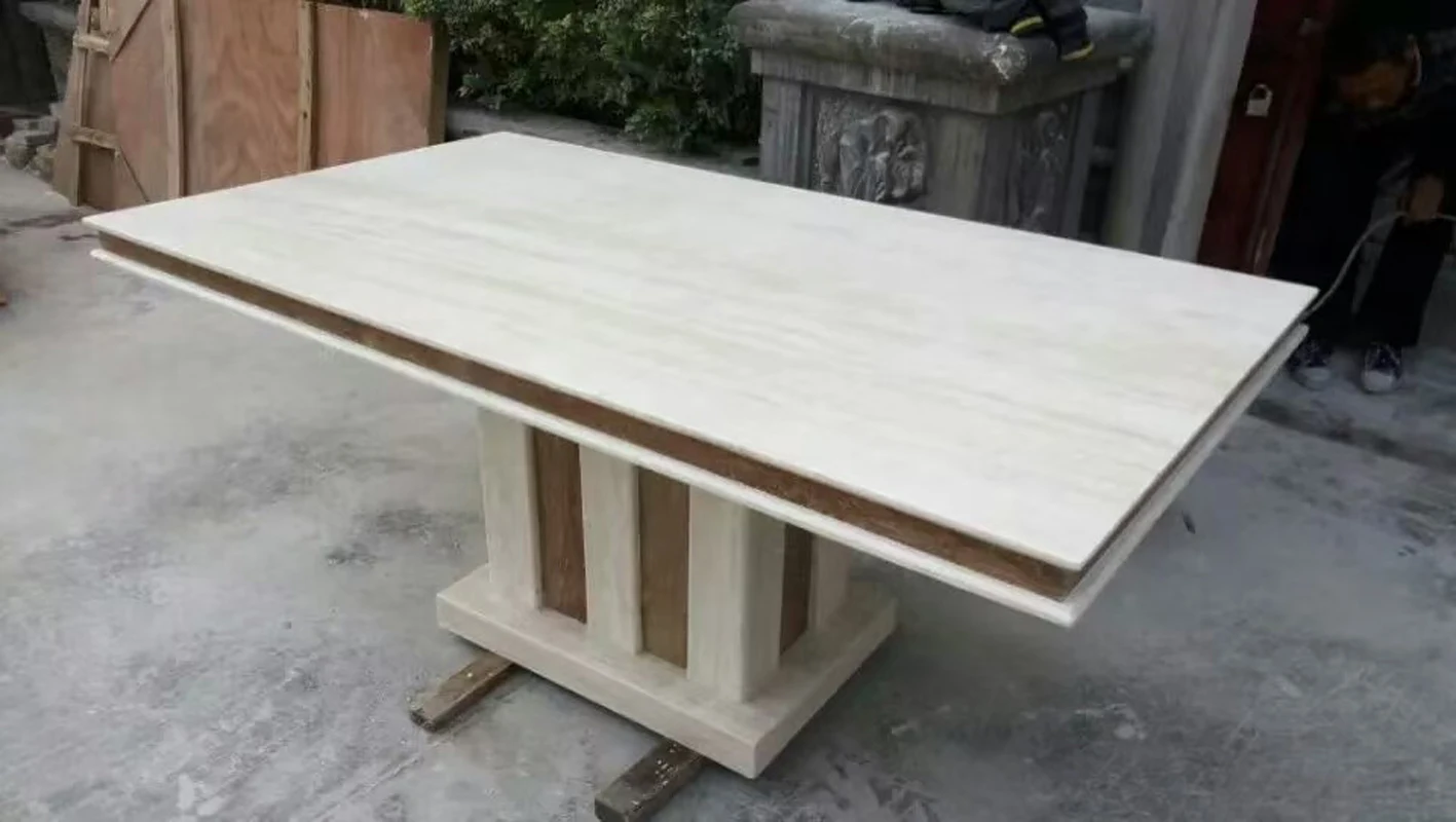 

Заводская цена 8-местный бежевый травертиновый прямоугольный мраморный обеденный стол для продажи