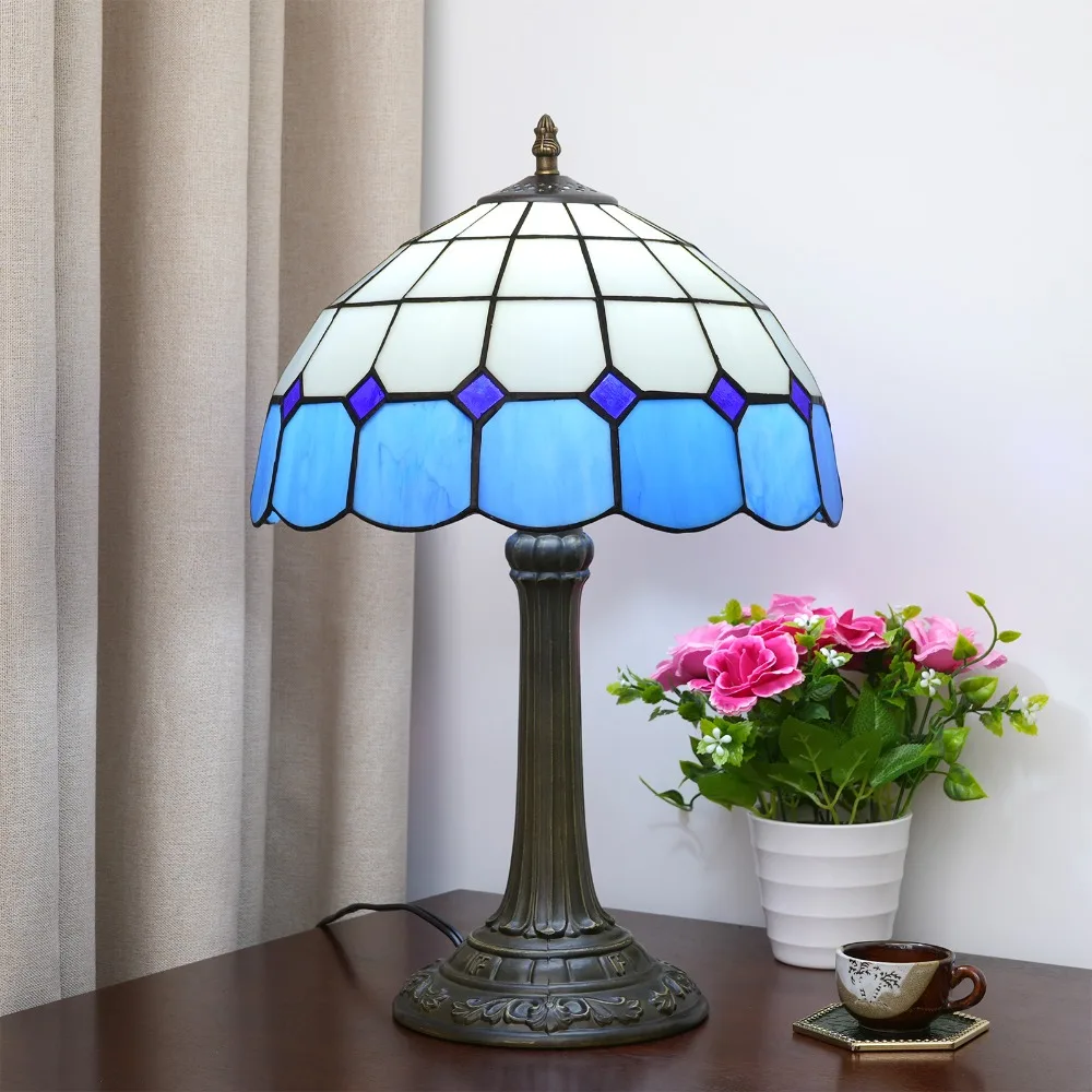 

Tiffany Stained Glass Simple European Mediterranean Blue Lattice Guest Restaurant Bar Table Lamp Study Bedroom Bedside Desk Lamp