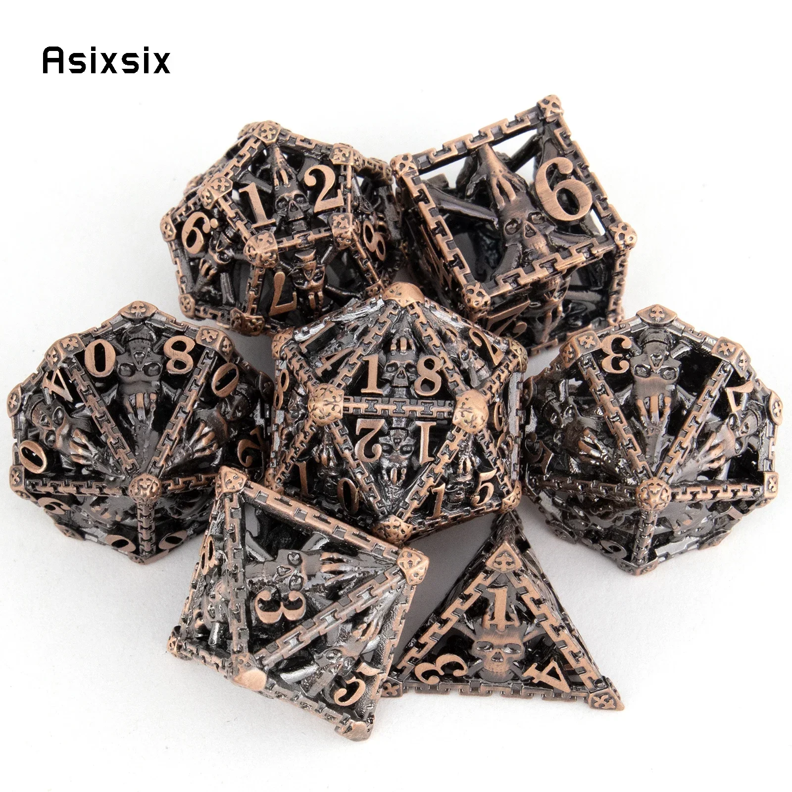 

7 Pcs Yellow Hand Skull Head Metal Dice Hollow Metal Polyhedral Dice Set Suitable for Role-Playing RPG Board Game Gift