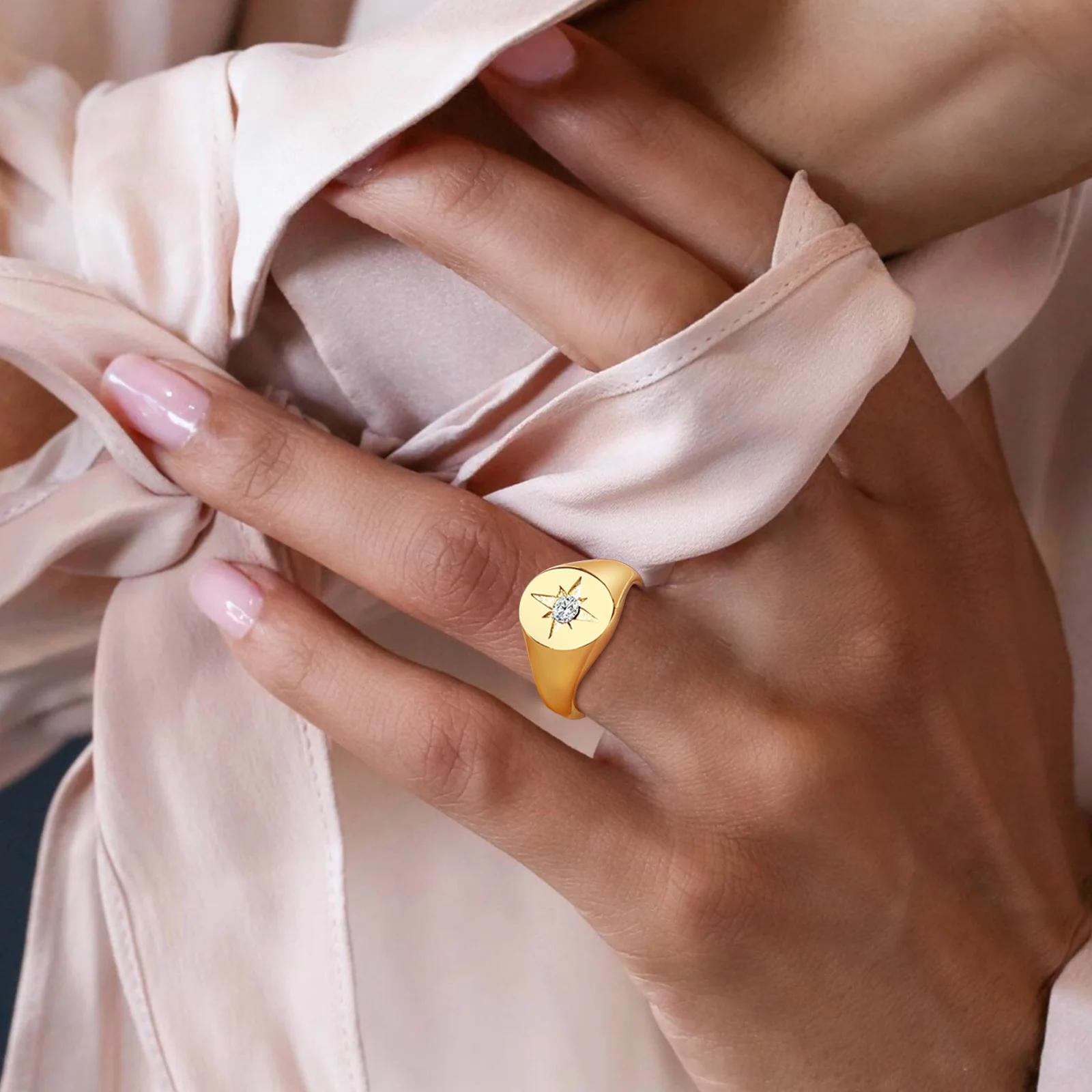 Women Star Signet Rings, Gold Color Solid Stainless Steel Round Top Finger Band, AAA CZ Stone Star Girl Anel
