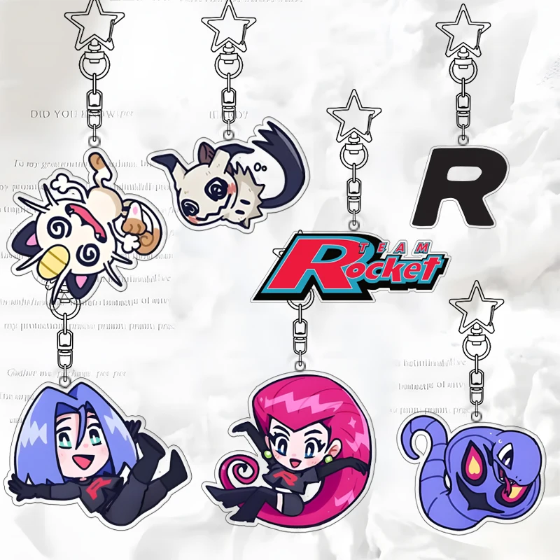 

Акриловый брелок Team Rocket: Кавайные персонажи (Джесси, Джеймс, Мейоу, Арбок), студенческий логотип R, для сумки, аниме-подвеска, мультяшный подарок на день рождения