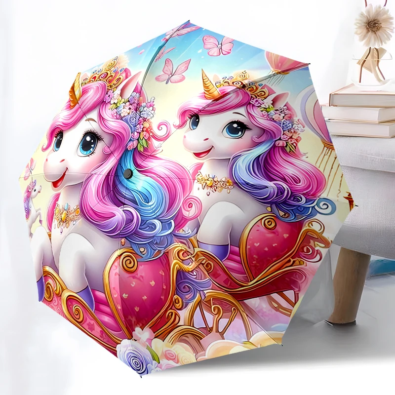 Unicorn Theme Folding Umbrella - Fashionable Auto-Open Design 8 Iron Ribs Plastic Handle Foldable Sunshade Perfect Gifts