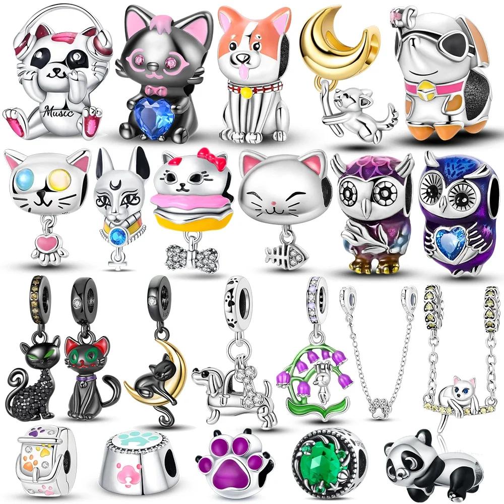 Original 925 Silver Plated Cat Dog Owl Panda Moon Lily Floral Animal Beads Fit Bag Charms Bracelet Jewelry Gifts for Women