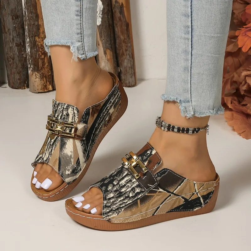 Gold Silver Mix Color Wedges Sandals Women Plus Size 43 Peep Toe Platform Sandles Woman Lightweight Buckle Printed Beach Sandals
