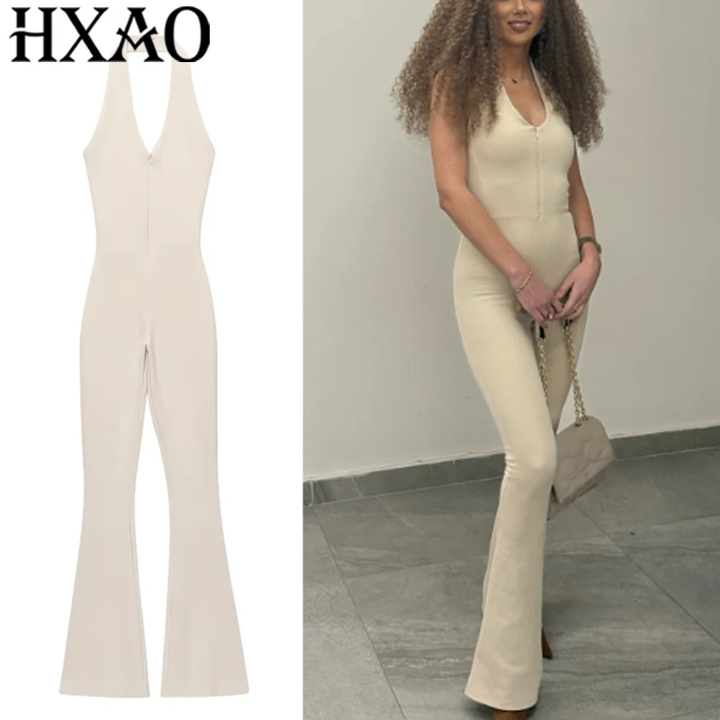 HXAO Women's Jumpsuit Halter Neck Full Jumpsuit Woman Off Shoulder Solid Long Jumpsuits For Women Summer Backless Sexy Jumpsuit