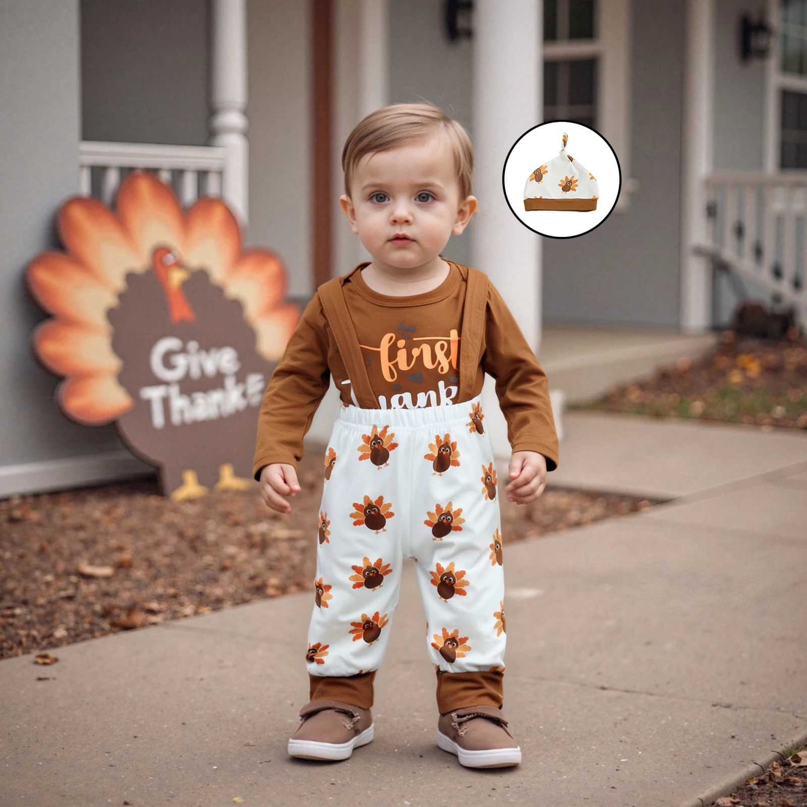 

Baby Clothing Boys 3Pcs Thanksgiving Outfits Long Sleeve Romper with Turkey Print Pants Hat Set Newborn Clothes