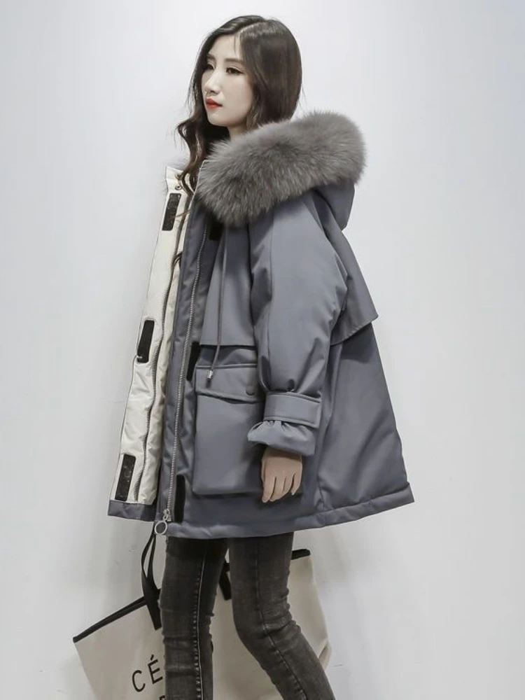 Optique-Parkas à capuche patchwork pour femmes, poches zippées, style coréen décontracté, vers le bas, vêtements de bureau pour dames,