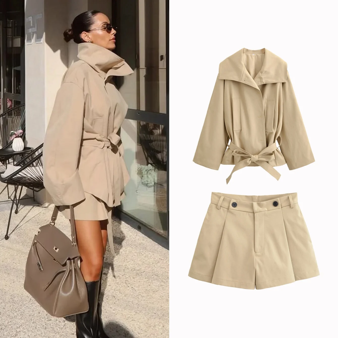 Streetwear Shorts Sets For Woman Autumn Women's Clothing Elegant Temperament Jacket Coat With Belt Top Or Wrinkle Mini Shorts