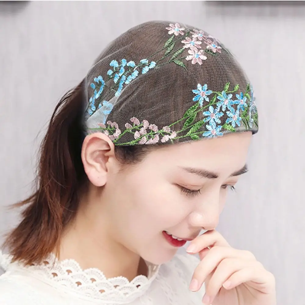 Gift Multicolor Embroidered Headscarf Thin Wide Edge Flower Pattern Headband Hair Cover Ethnic Lace Headwear Female