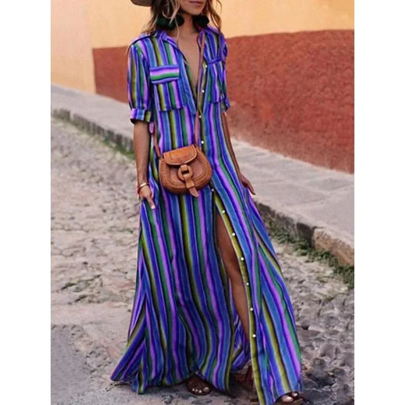 Tinaa Bohemia Striped Women's Dresses 2025 Casual Loose Fit Lapel Short Sleeve Button Down Holiday Vacation Long Dress 178054
