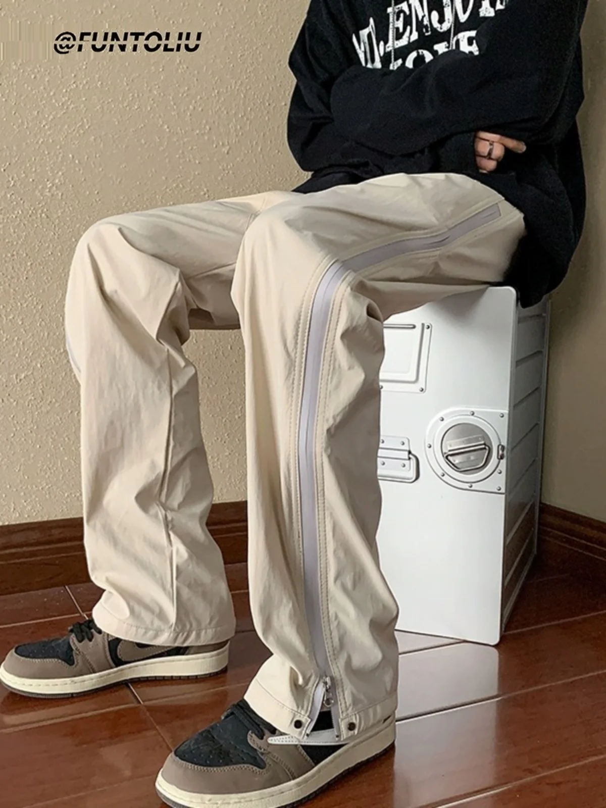 

Casual Men's Zipper Straight Leg Pants Qui Dry American Sle Spring Autumn Trendy Design Spor Cargo Trousers Streetwear