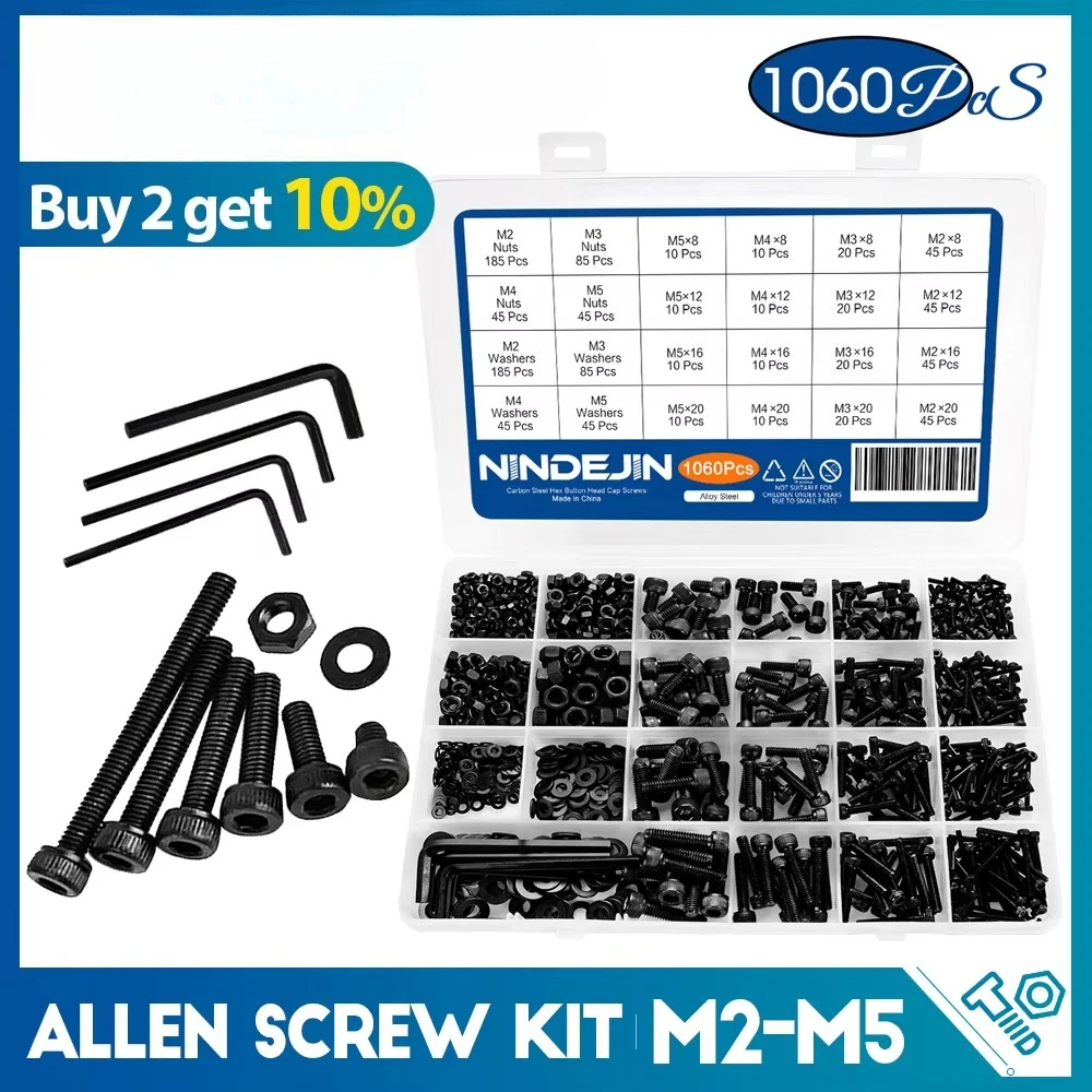 1060pcs M2 M3 M4 M5 Hex Socket Screw Set Carbon Steel Flat Round Cap Head Screws Bolts and Nuts Assortment Kit with Storage Box
