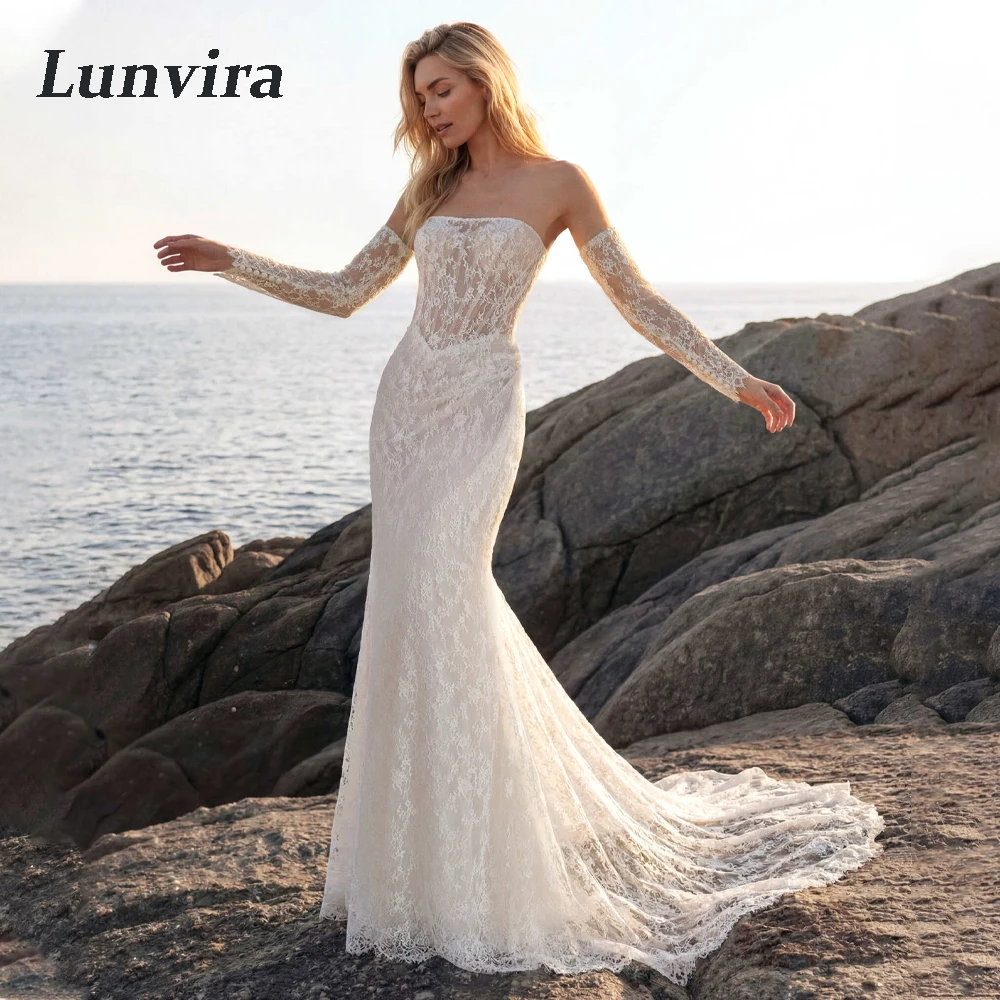 Lunvira Fashionable Strapless Bridal Dress Lace Appliques Three Quarter Sleeves Chapel Train Vestidos De Novia Customized