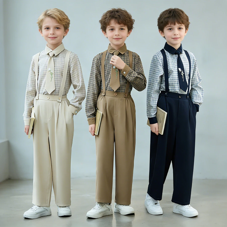 

Elegant Boys Formal Suspender Outfit, Teen Kids Plaid Shirt Tie Pants Set, Children School Uniform/Wedding Guest Wear 3-14 Years