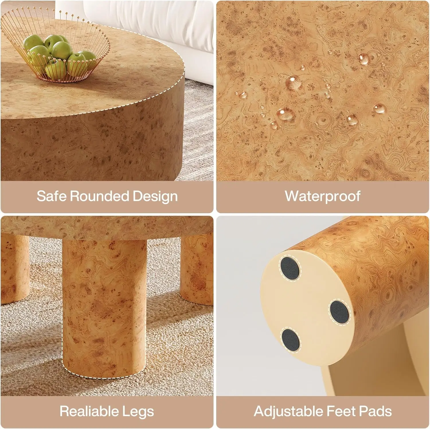 Tavolino da caffè rotondo moderno da 31,5" - Tavolino da tè circolare da cocktail con struttura in radica e gambe robuste