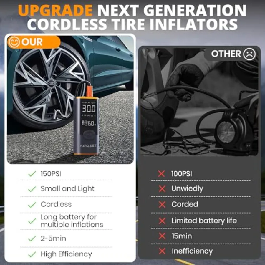 ضاغط هواء محمول لإطارات السيارات والدراجات النارية والمطاطية 4X نفخ أسرع حتى 150 رطل لكل بوصة مربعة تصميم لاسلكي مع أ