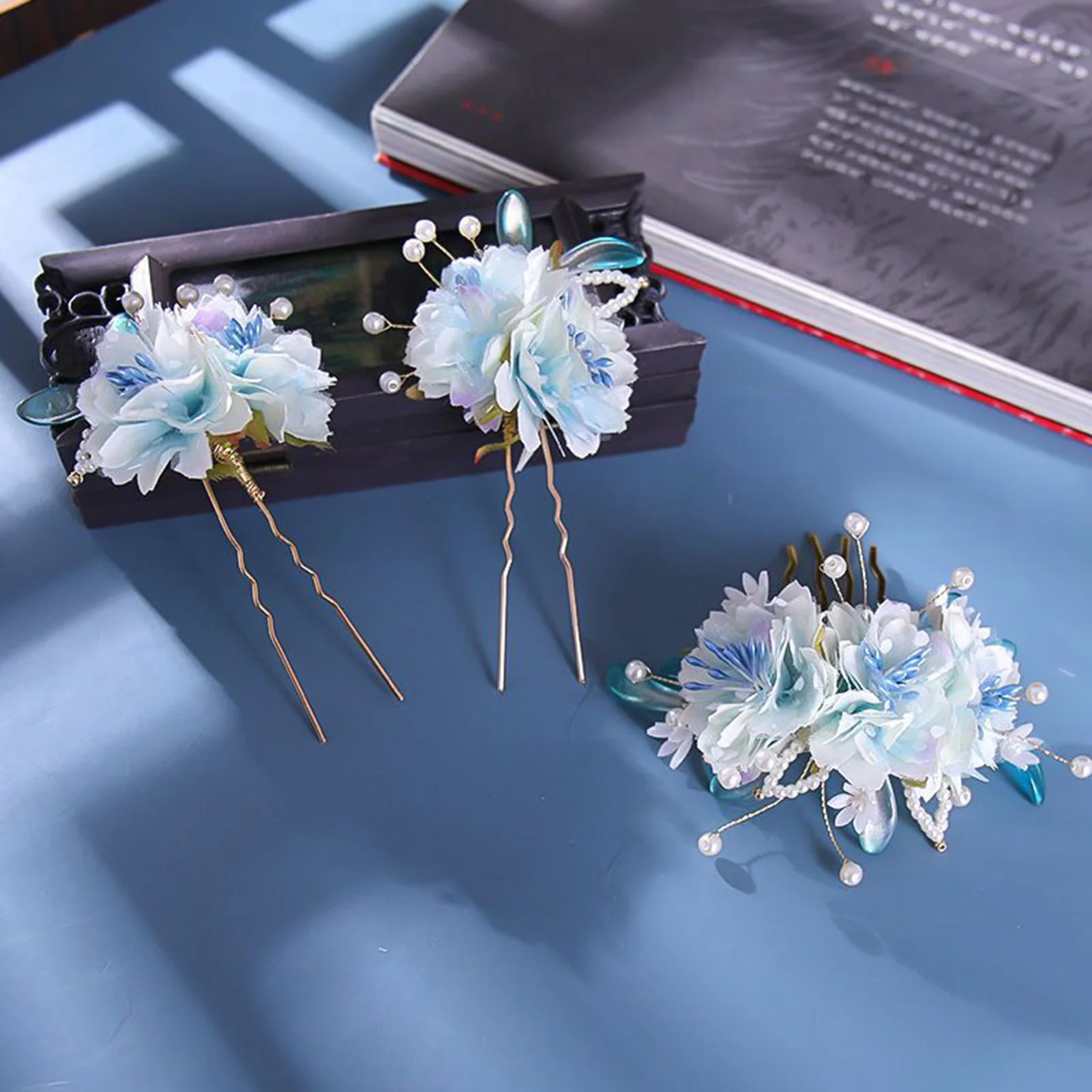 Chinese Fashion Flower Hair Chopsticks Hair Accessory Set Silk Flower Design Tassel Headpieces Fairy Hairclips for Women