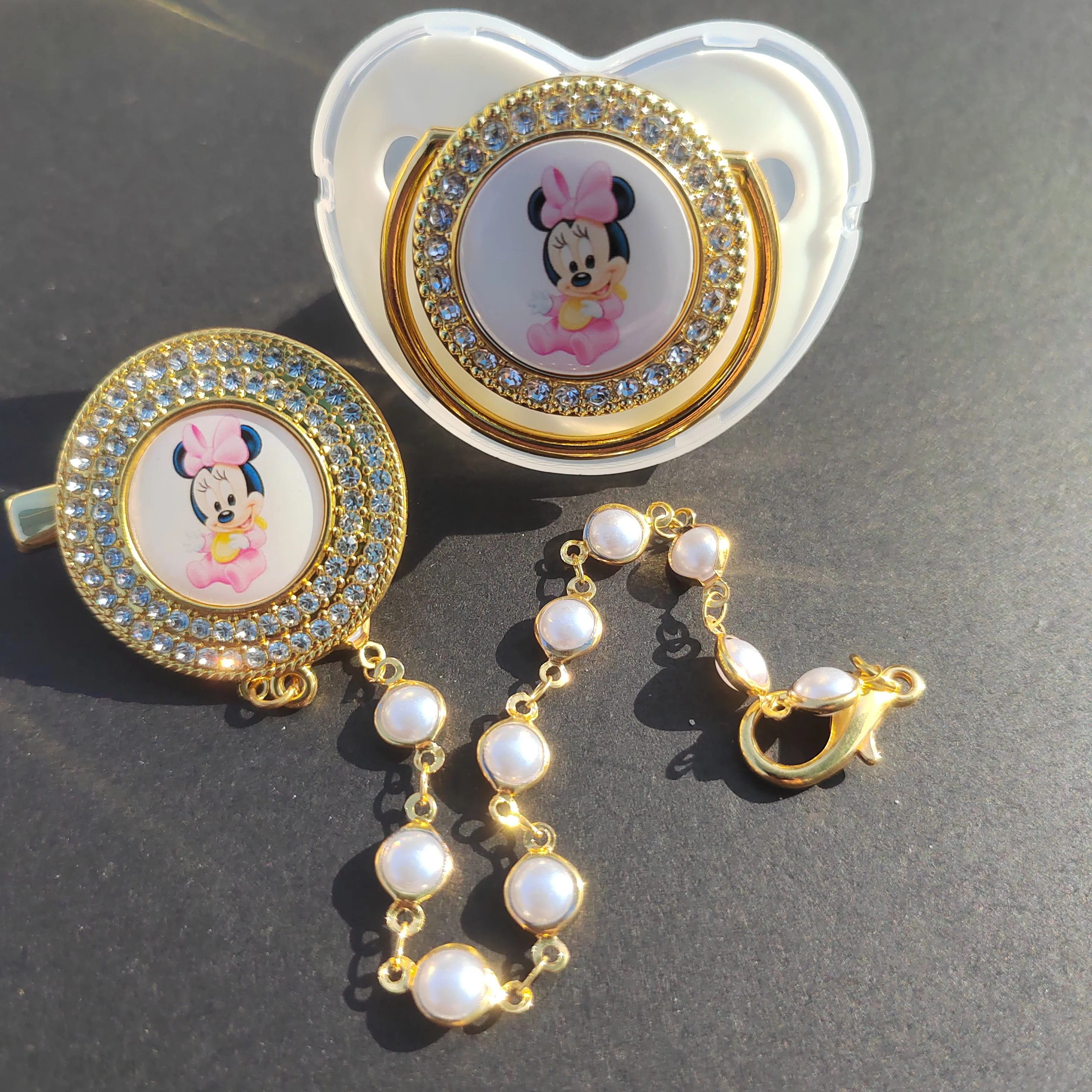 Disney Minnie Mouse silicone baby pacifier and pacifier Clip Bling Rhinestone Bling Baby Silicone Nipple BPA-free Gold Bling