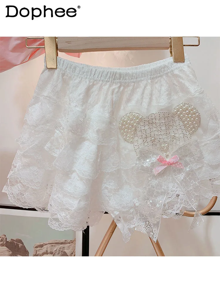 

Korean Style Sweet Shorts Female Summer New Heavy Industry Beads Bear Elastic Waist All-Match Lace Shorts Women Clothing