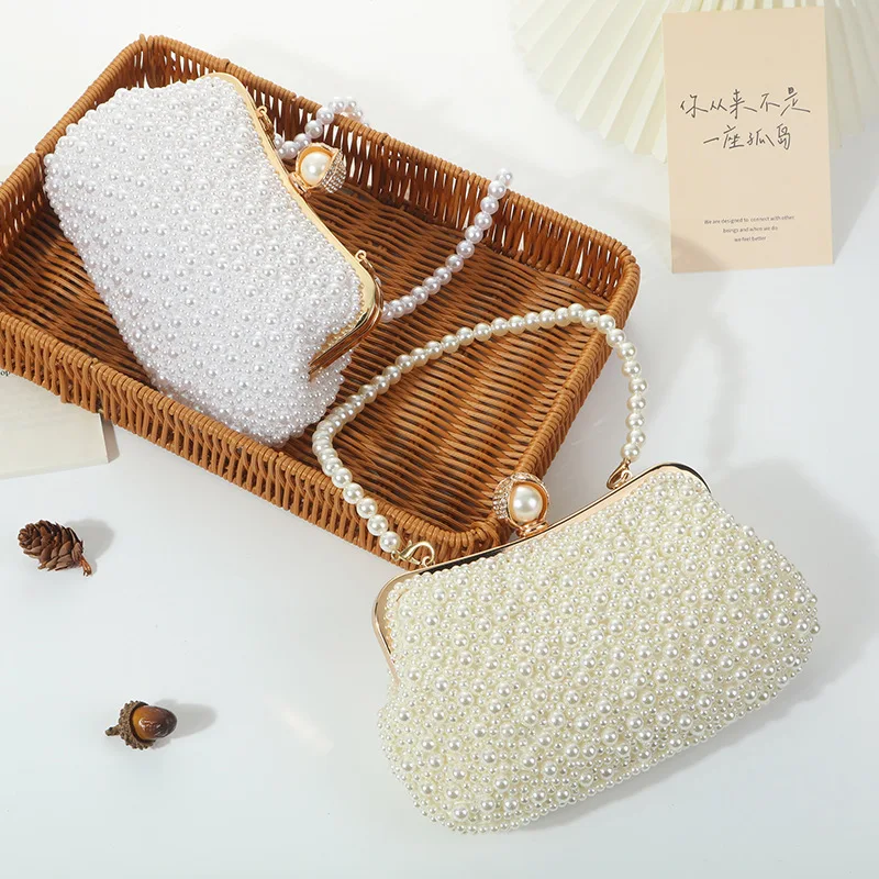 Pure handmade pearl embroidery dinner bag, pearl portable storage bag, wedding party evening dress bag, metal chain shoulder ba