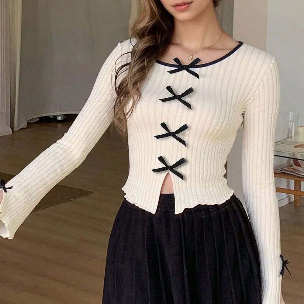 

Женские трикотажные футболки KIDCRKJ с бантом, круглым вырезом, разрезами и длинными рукавами, минималистичные элегантные топы для женщин