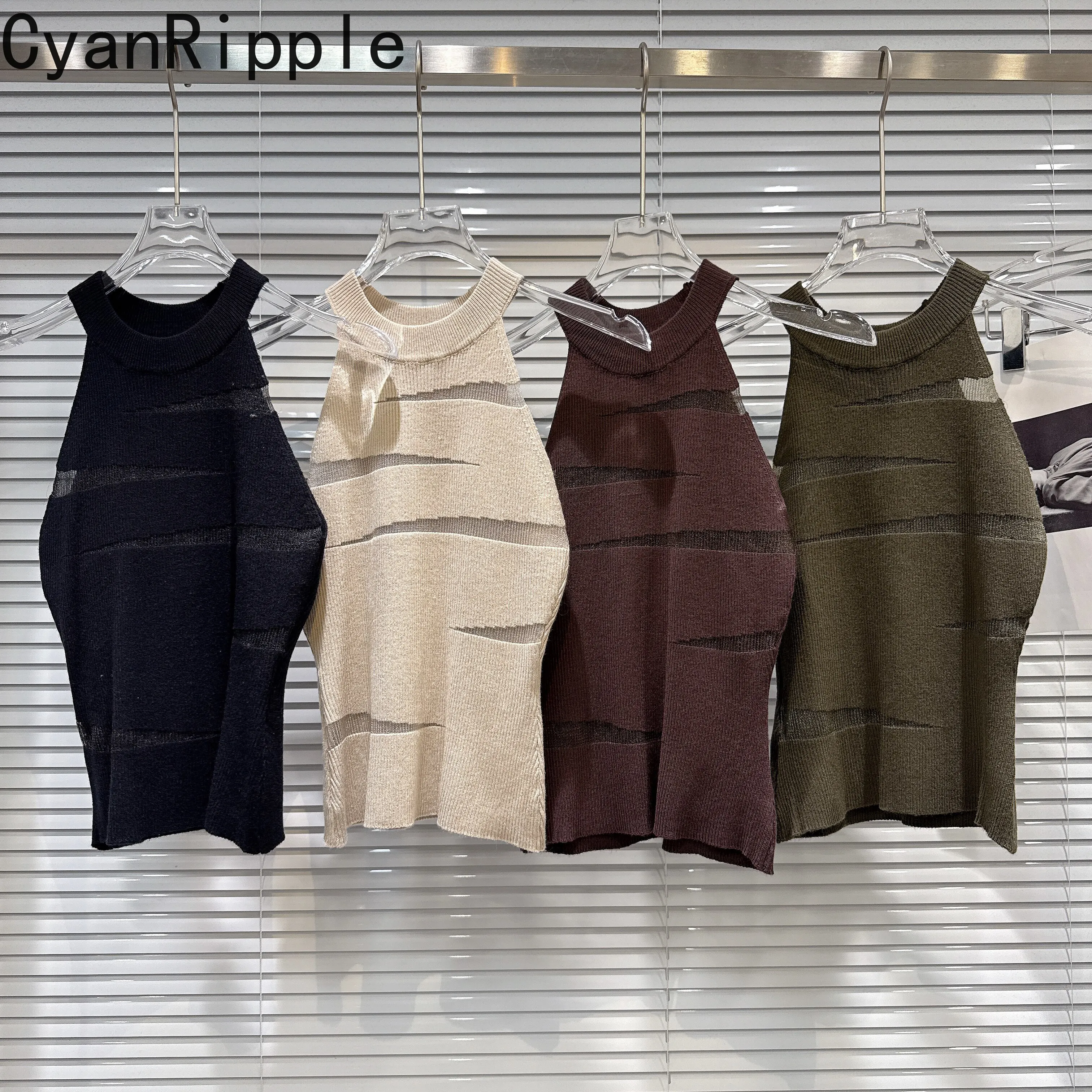 Spice Girls New Autumn Hollow Out Perspective Halterneck Knitted Camisole Sexy Off Shoulder Sleeveless Slimming Knit Tanks Top
