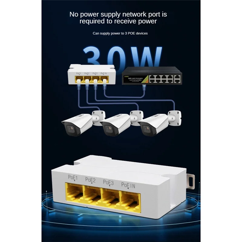 4Port Gigabit POE Extender 1000M 1 to 3 Network Switch Repeater IEEE802.3Af/At Plug&Play for PoE Switch NVR IP Camera AP